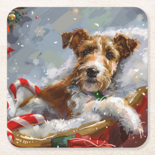 Porta-copo De Papel Quadrado Cão Wire Fox Terrier Natal Festivo