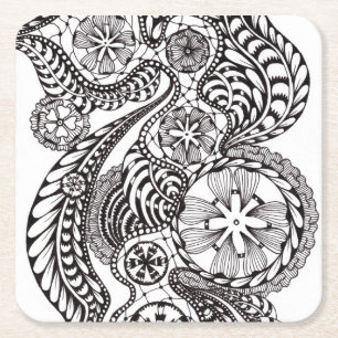 Porta-copo De Papel Quadrado Caprichoso Preto e Branco Zen Doodle Floral Renda