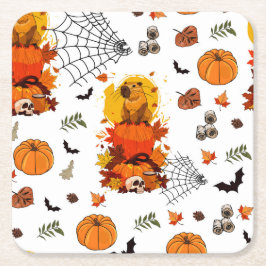 Porta-copo De Papel Quadrado Capybara Halloween. Bruxa Pumpkin.