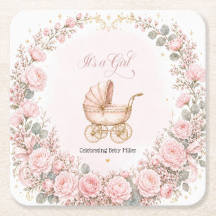 Porta-copo De Papel Quadrado Carrinho Rosa É uma Menina Chá de Bebê Personaliza