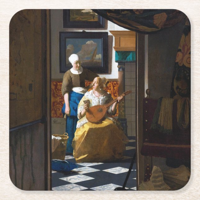 Porta-copo De Papel Quadrado Carta de Amor, Johannes Vermeer (Frente)