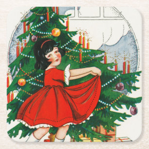 Porta-copo De Papel Quadrado Cartão postal de Natal retrô, criança e árvore de