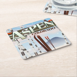 Porta-copo De Papel Quadrado Cartaz de esqui estilo vintage Aspen Colorado.