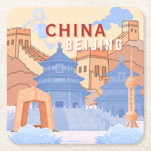 Porta-copo De Papel Quadrado Cartaz de Viagem de Pequim China   Azul Pastel e P