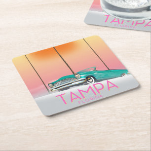 Porta-copo De Papel Quadrado Cartaz de viagem estilo retrô de Tampa Flórida
