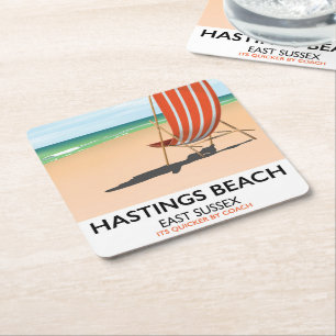 Porta-copo De Papel Quadrado Cartaz de viagem vintage da Praia de Hastings, Eas