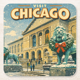 Porta-copo De Papel Quadrado Cartaz do Instituto de Arte de Chicago no inverno