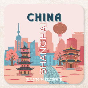 Porta-copo De Papel Quadrado Cartaz Retro Vintage de Viagens à China em Xangai