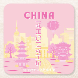 Porta-copo De Papel Quadrado Cartaz Rosa de Viagens pela China em Xangai