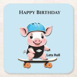Porta-copo De Papel Quadrado Cartoon Baby Pig Skateboard Lets Roll, Aniversário