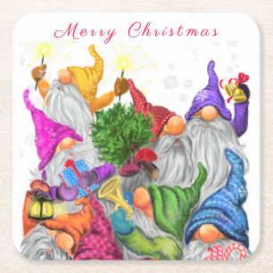 Porta-copo De Papel Quadrado Cartoon do Feliz Natal Gnomo Desenho Engraçado 
