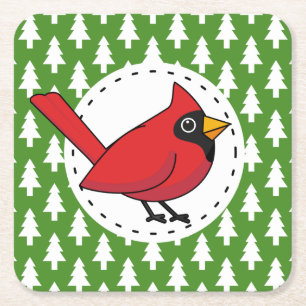 Porta-copo De Papel Quadrado Cartoon Red Cardinal sobre Pinheiros Brancos Verde