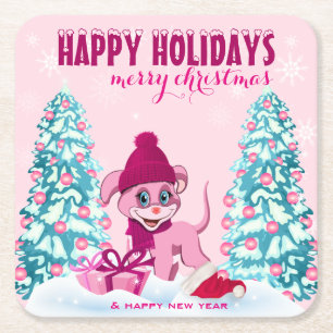 Porta-copo De Papel Quadrado Cartum de Natal Rosa Adorável