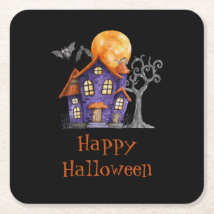 Porta-copo De Papel Quadrado Casa Assombrada Personalizada Feliz Dia das Bruxas