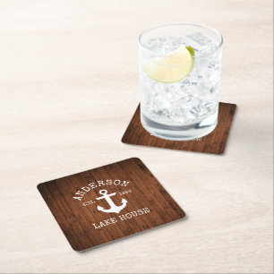 Porta-copo De Papel Quadrado Casa da Família de Madeira Faux Anchor Náutico