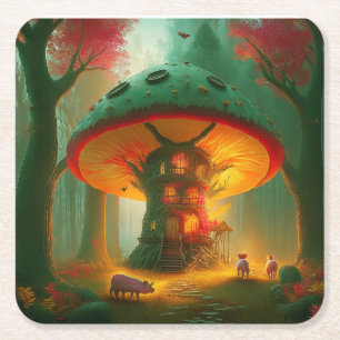 Porta-copo De Papel Quadrado Casa de Árvore de Cogumelo Fantasia Com Porcos