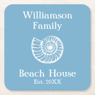 Porta-copo De Papel Quadrado Casa de Praia da Família Personalizada Azul Marinh