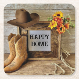 Porta-copo De Papel Quadrado Casa Feliz Cowgirl Cowboy Estilo Com Botas de Cowb