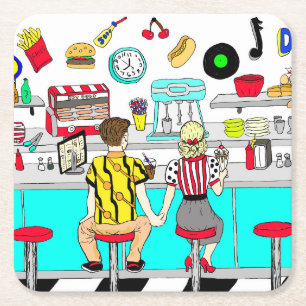 Porta-copo De Papel Quadrado casal de 1950 segurando mãos no jantar