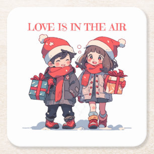 Porta-copo De Papel Quadrado Casal de Natal - O amor está no ar