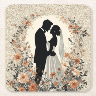 Porta-copo De Papel Quadrado Casal Romântico de Casamento