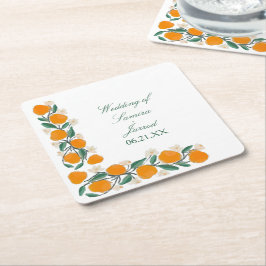 Porta-copo De Papel Quadrado Casamento Abstrato Botânico de Laranja Desenhado à