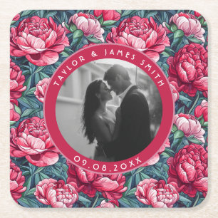 Porta-copo De Papel Quadrado Casamento ao Ar Livre com Peônias Boho Florais