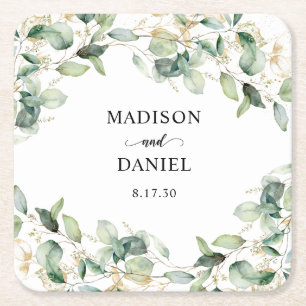 Porta-copo De Papel Quadrado Casamento Aquarela Eucalipto Dourado