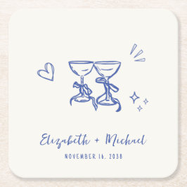 Porta-copo De Papel Quadrado Casamento Azul Creme Caprichoso Desenhado à Mão