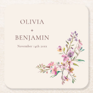 Porta-copo De Papel Quadrado Casamento Boho Personalizado Flor Silvestre Rosa C
