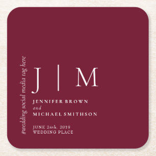 Porta-copo De Papel Quadrado Casamento Burgundy e Branco Formal Simples Elegant