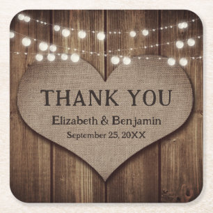 Porta-copo De Papel Quadrado Casamento Cardíaco Rustic Wood Burlap Obrigado