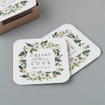 Porta-copo De Papel Quadrado Casamento "Cheers to Love" com a autoria de White<br><div class="desc">A nossa coleção de casamentos florais de coloração aquosa de White Peony apresenta uma coloração aquosa delicadamente pintada, folhagem botânica verde e flores de pénia branca e marfim. "Saúde ao amor" aparece em letras clássicas com acentos de escrita caligráfica. Personalize esses guardanapos com suas iniciais e data de casamento, ou...</div>