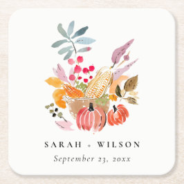 Porta-copo De Papel Quadrado Casamento Chic Autumn Harvest Pumpkin Watercolor