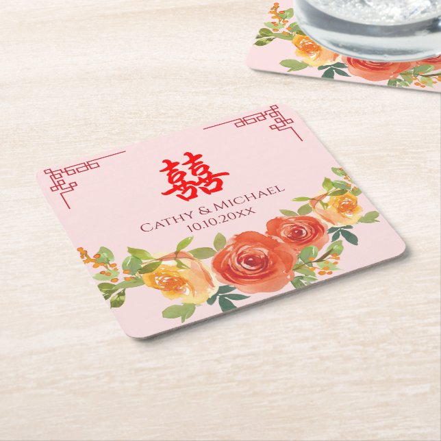 Porta-copo De Papel Quadrado Casamento chinês com flores amarelas alaranjadas (Inclinado)