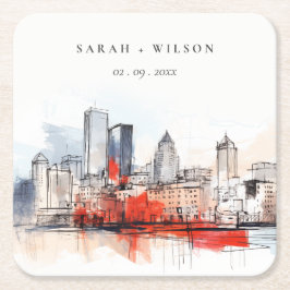 Porta-copo De Papel Quadrado Casamento com Aquarelas da Cidade de Boston Massac