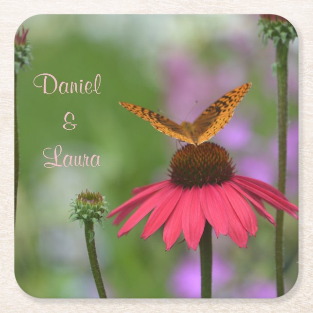 Porta-copo De Papel Quadrado Casamento com Borboleta de Jardim (Frente)