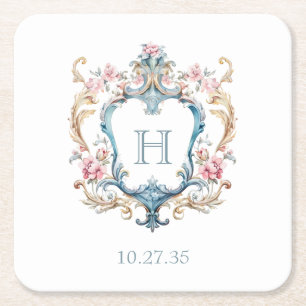 Porta-copo De Papel Quadrado Casamento com Brasão Floral Monogramado Vintage