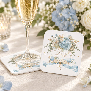 Porta-copo De Papel Quadrado Casamento com Brasão Monograma Floral Azul Francês