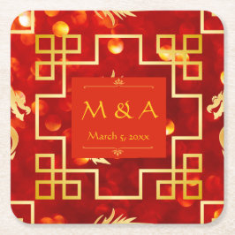 Porta-copo De Papel Quadrado Casamento com Dragões Vermelhos e Dourados