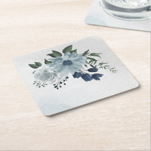 Porta-copo De Papel Quadrado casamento com flores e folhagens brancas e azuis