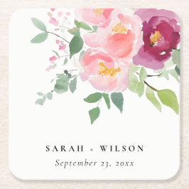 Porta-copo De Papel Quadrado Casamento com Rosa de Aquarela Rosa Blush Burgundy