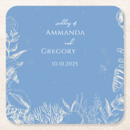 Porta-copo De Papel Quadrado Casamento com temática no Oceano Toile Azul