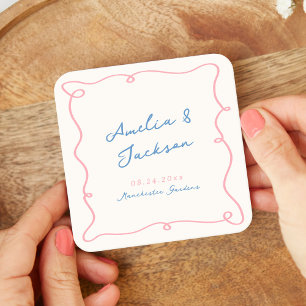 Porta-copo De Papel Quadrado Casamento Cor-de-Rosa e Azul Desenhado à Mão com F
