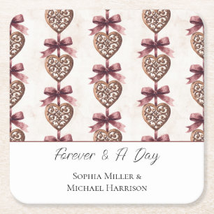 Porta-copo De Papel Quadrado Casamento Corações de Bronze Arcos Vermelhos