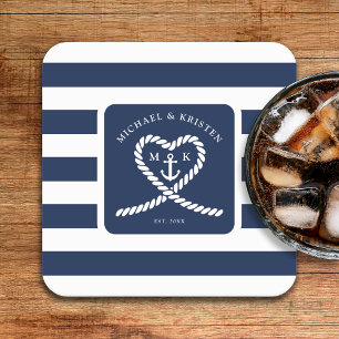 Porta-copo De Papel Quadrado Casamento de Âncora Náutica Blue Striped Heart