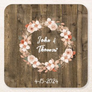 Porta-copo De Papel Quadrado Casamento de Aquarela Floral de Madeira no Outono