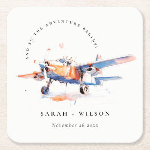 Porta-copo De Papel Quadrado Casamento de Avião com Cor de Água Azul Blush