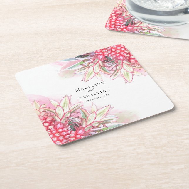 Porta-copo De Papel Quadrado Casamento de Blush de Ananás Rosa Exótico (Inclinado)