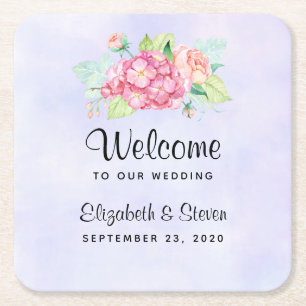 Porta-copo De Papel Quadrado Casamento de Buquê de Flor de Água Rosa Elegante